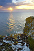 Lichen covered rocky coast at sunset