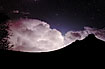 A storm with ligtning and thunder suddenly appears behind the mountain tops on a starfilled sky