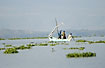 Fishermen on af fishing boat among water hyacinths