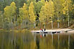 Family at swedish lake with birch in autumn colours