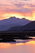 Sunset over the wetland and the mountains Sierra de Tramuntana
