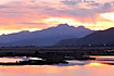 Sunset over the wetland and the mountains Sierra de Tramuntana