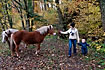 Mother and dauhter passing horses in the autumnal forest 