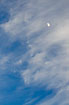 Feather-like cirrus clouds and half moon on the blue sky