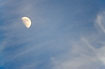 Feather-like cirrus clouds and half moon on the blue sky
