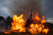 Danish Saint Johns Eve celebration with bonfire including a witch figure. The tradition is called "sankt hans aften" in Danish