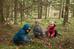 Three kids playing with puffballs (Lycoperdon sp.) in a forest