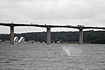 The stranded Fin Whale in Vejle Fjord with the Vejle Fjord Bridge in the background