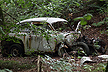 An old car has been given its final resting place in th forest
